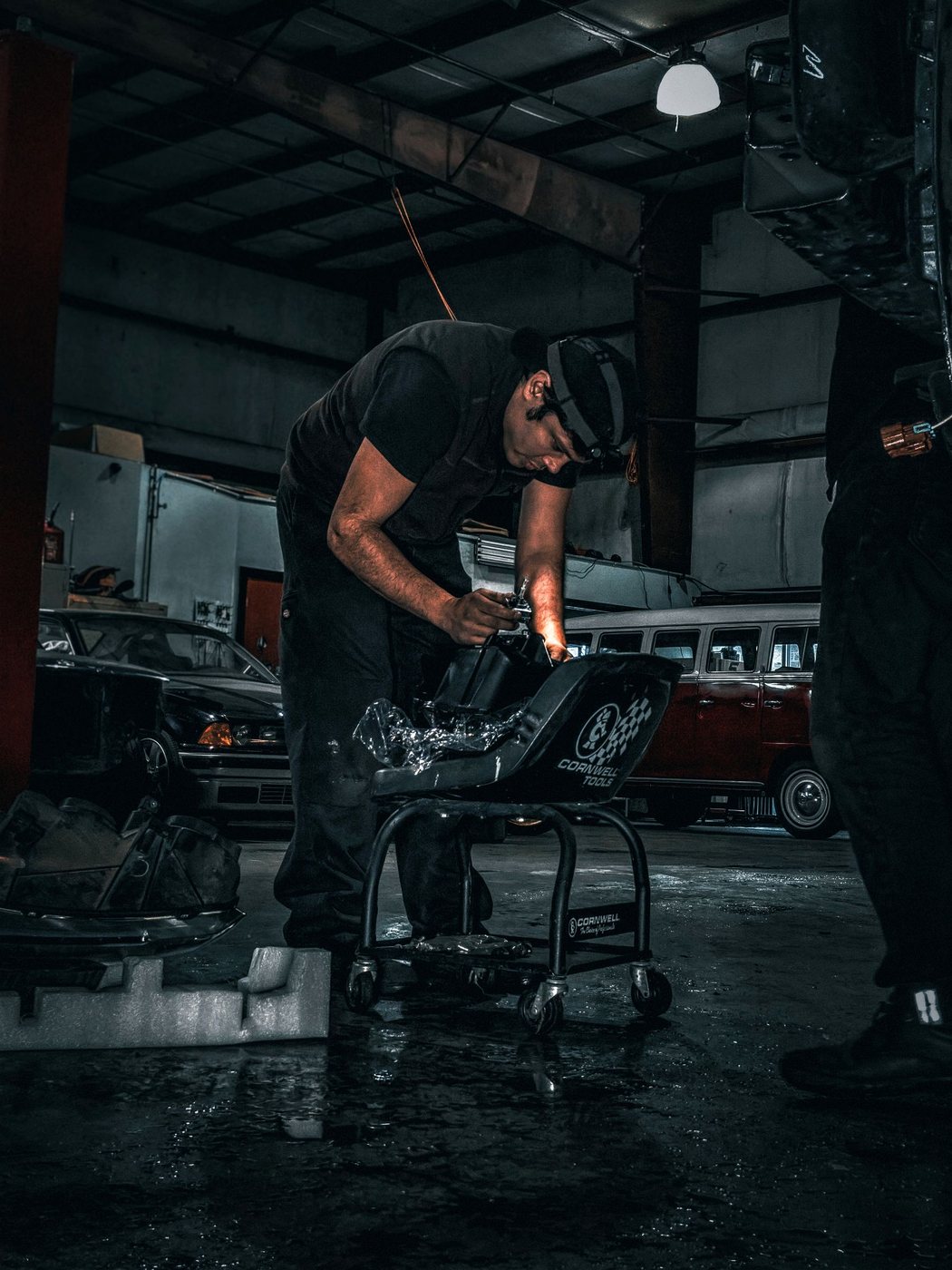 Metal repair work in a garage